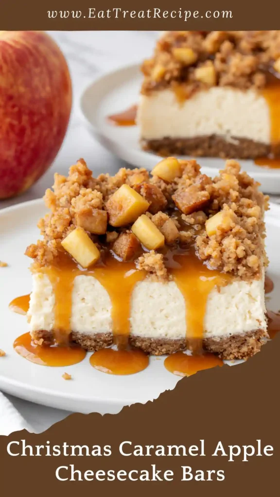 Christmas caramel apple cheesecake bars on white marble