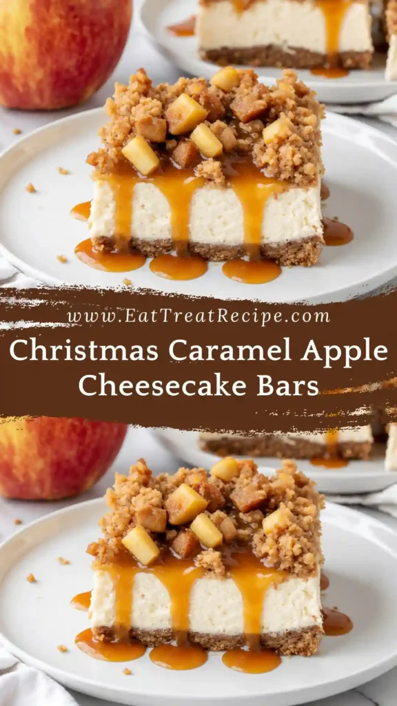 Christmas caramel apple cheesecake bars on white marble
