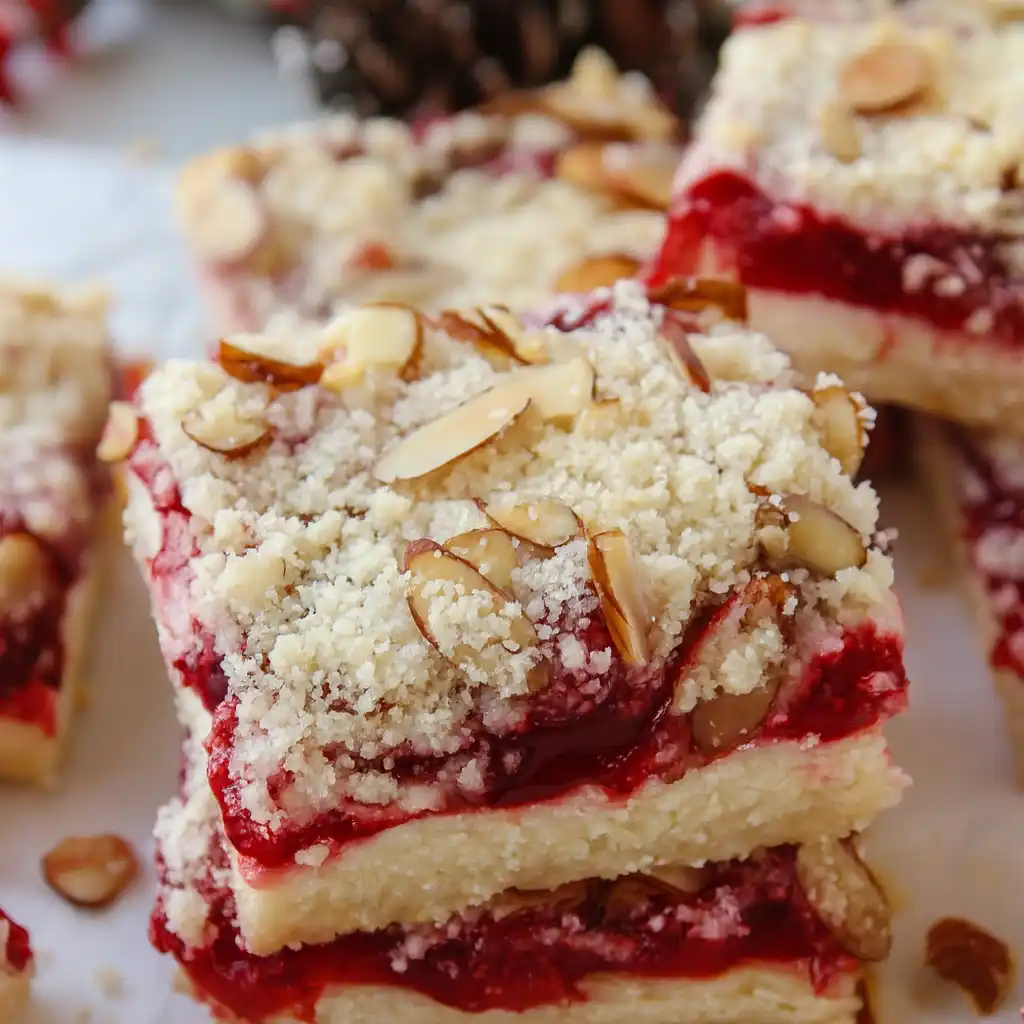 Modern Christmas cheesecake bars with vibrant cranberry swirl on white marble