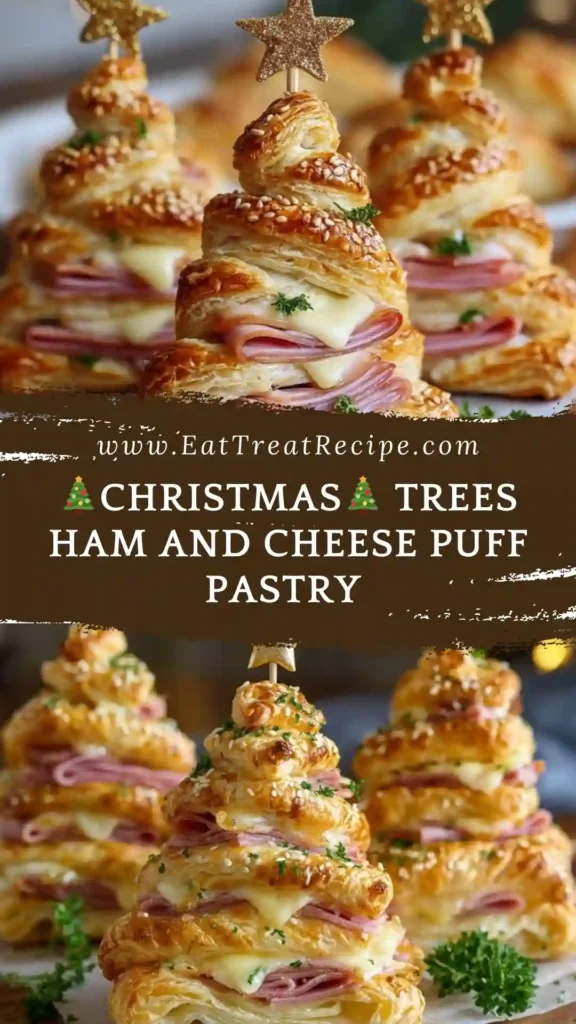Golden puff pastry Christmas trees served on a minimalist white platter