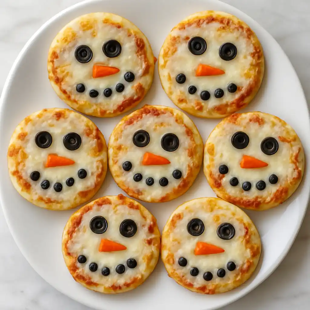 Modern minimalist mini snowman pizzas on white marble.