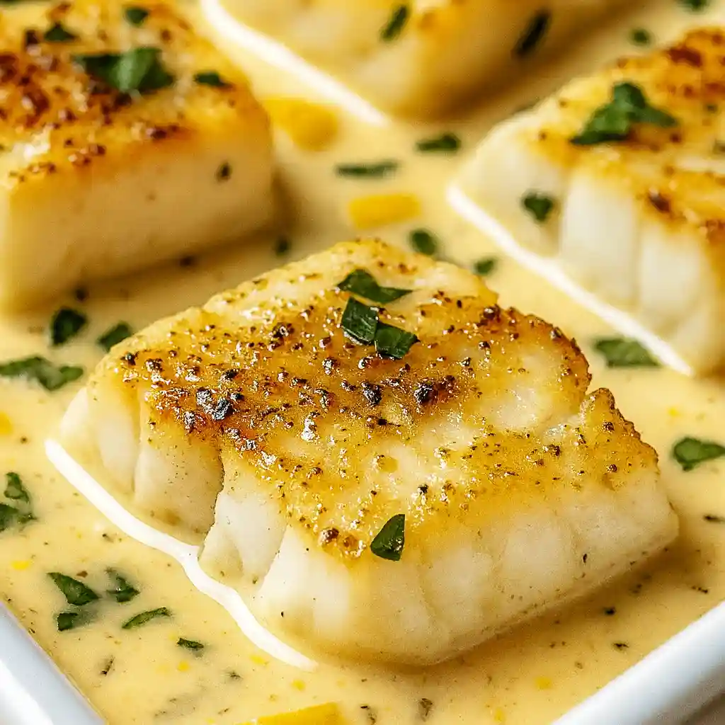 Baked cod in coconut lemon cream sauce in a white baking dish