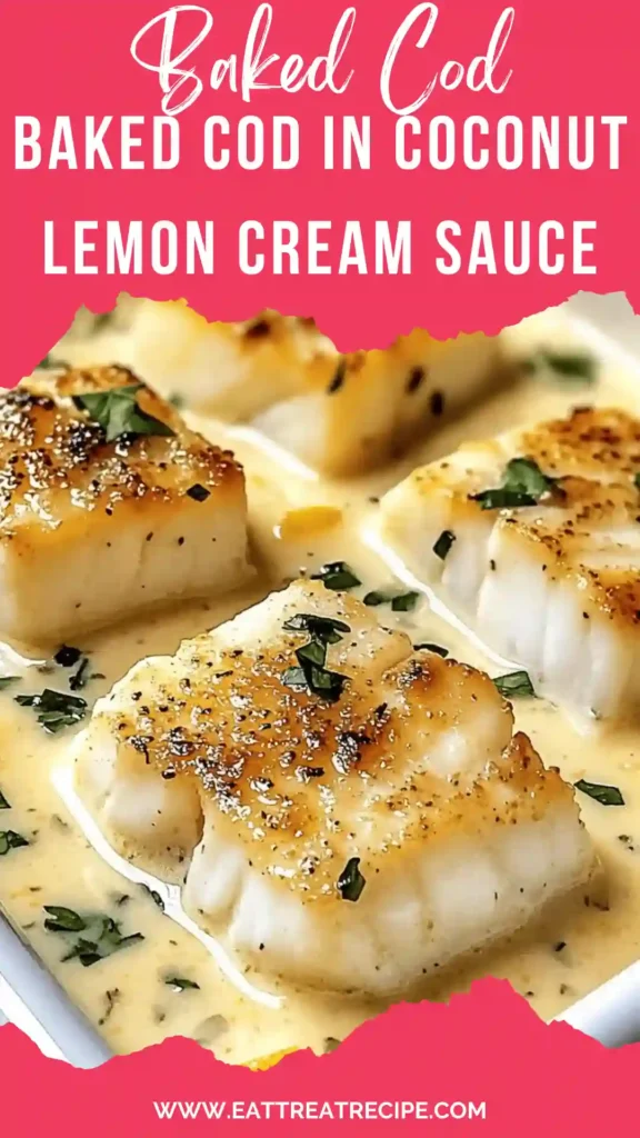 Baked cod in coconut lemon cream sauce in a white baking dish