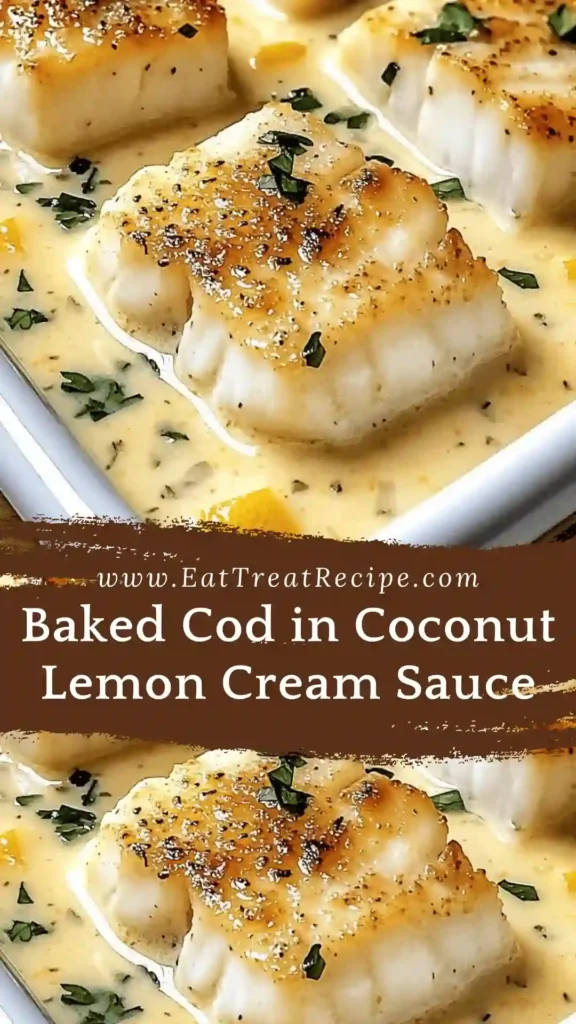 Baked cod in coconut lemon cream sauce in a white baking dish