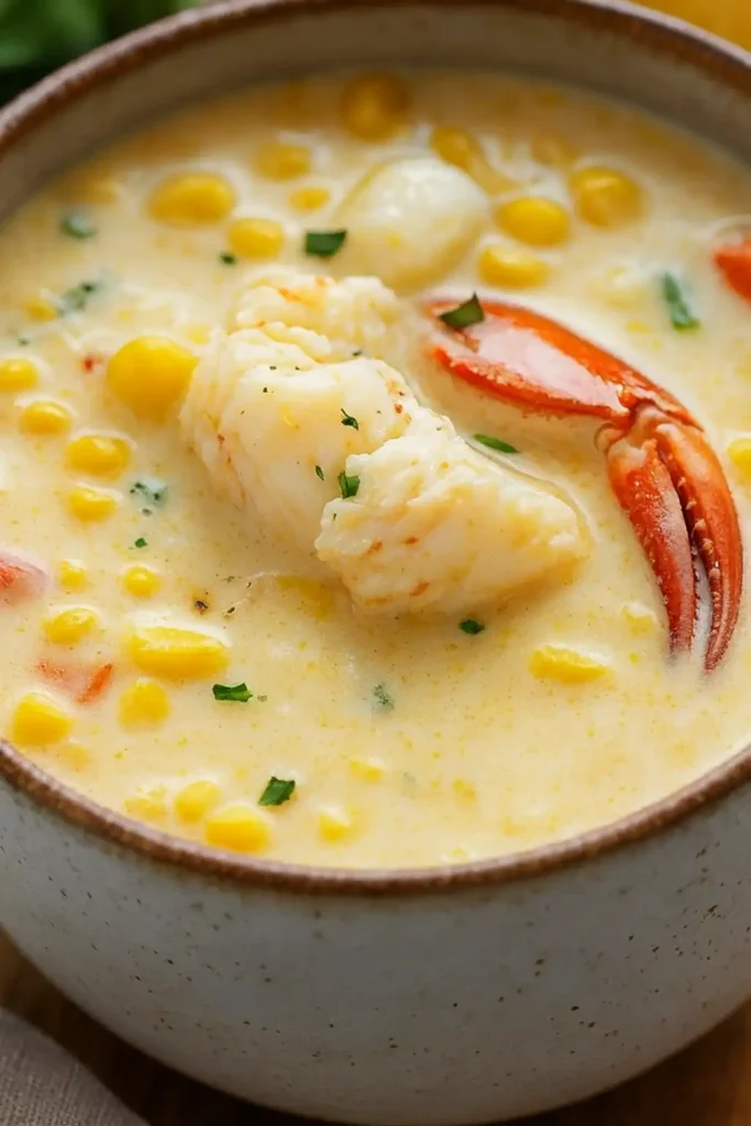 Bobby Flay's crab and corn chowder soup served creamy and golden
