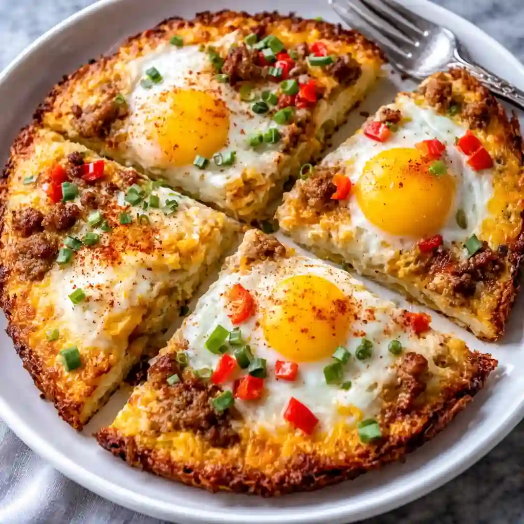 Breakfast pizza recipe with crispy hash brown crust eggs and cheese modern style