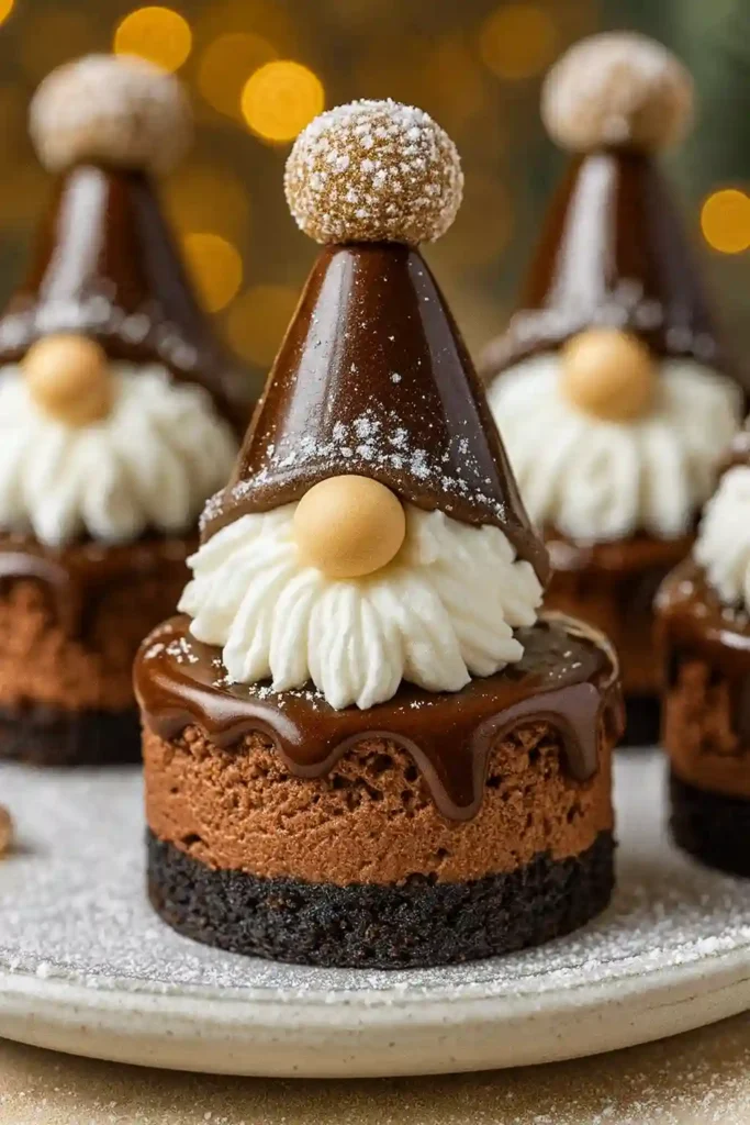 Chocolate Gnome Cheesecakes in a modern minimalist holiday style