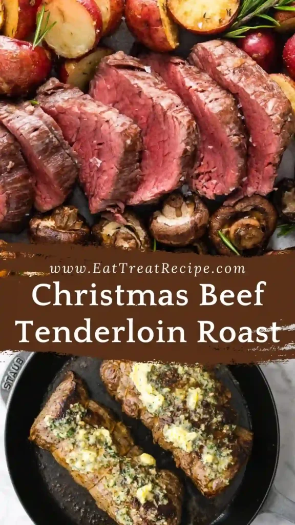 Minimalist Christmas beef tenderloin roast sliced on white marble