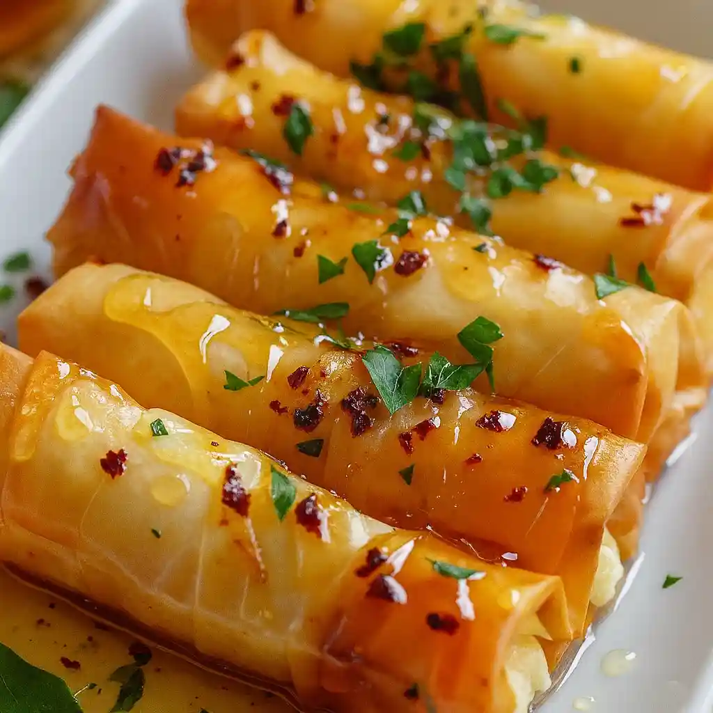 Minimalist crispy feta rolls with hot honey drizzle