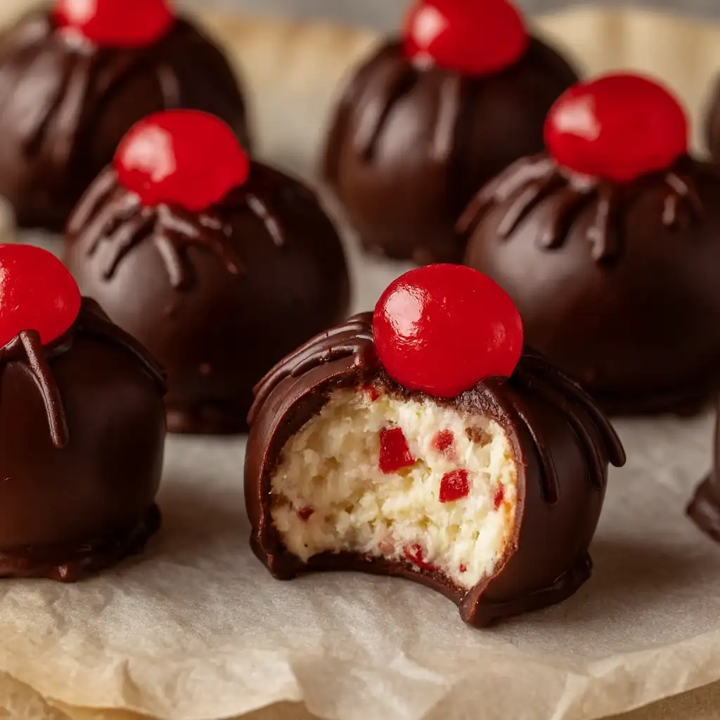 Easy no-bake cherry bourbon balls coated in chocolate, festive holiday dessert