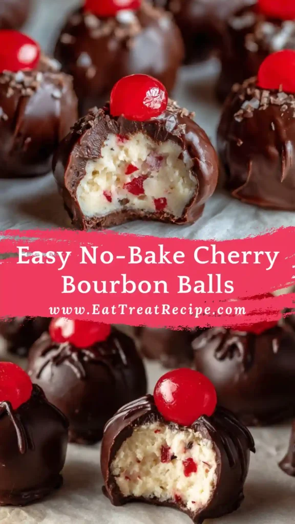 Easy no-bake cherry bourbon balls coated in chocolate, festive holiday dessert