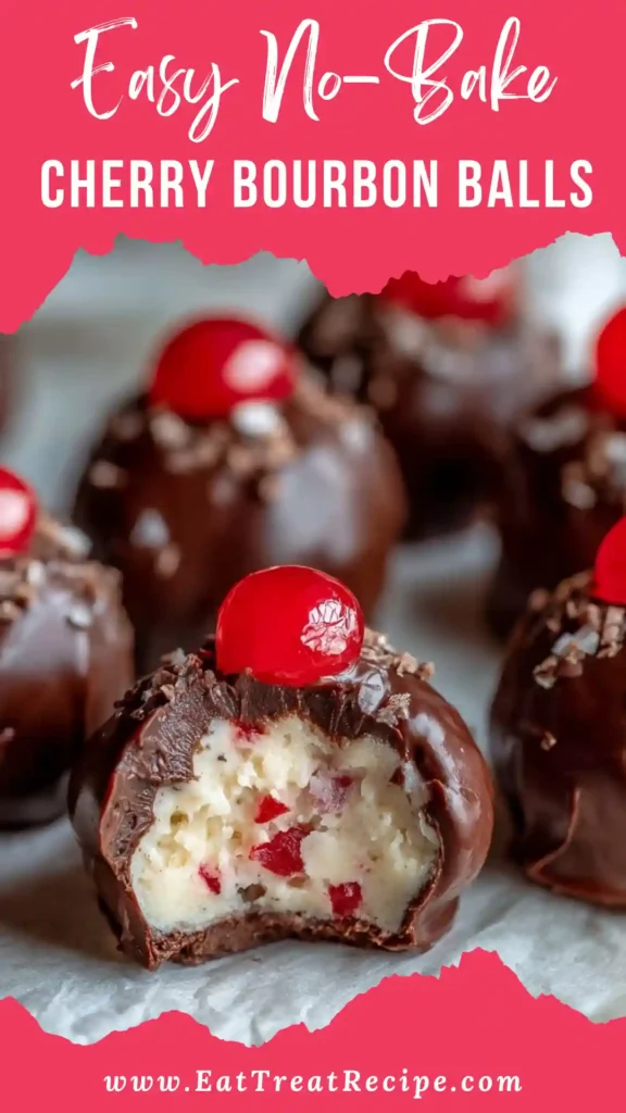 Easy no-bake cherry bourbon balls coated in chocolate, festive holiday dessert