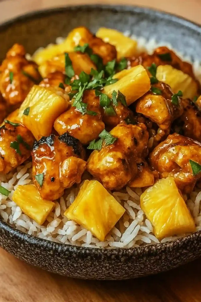Easy Pineapple Chicken with Rice served in a minimalist bowl with glossy sauce
