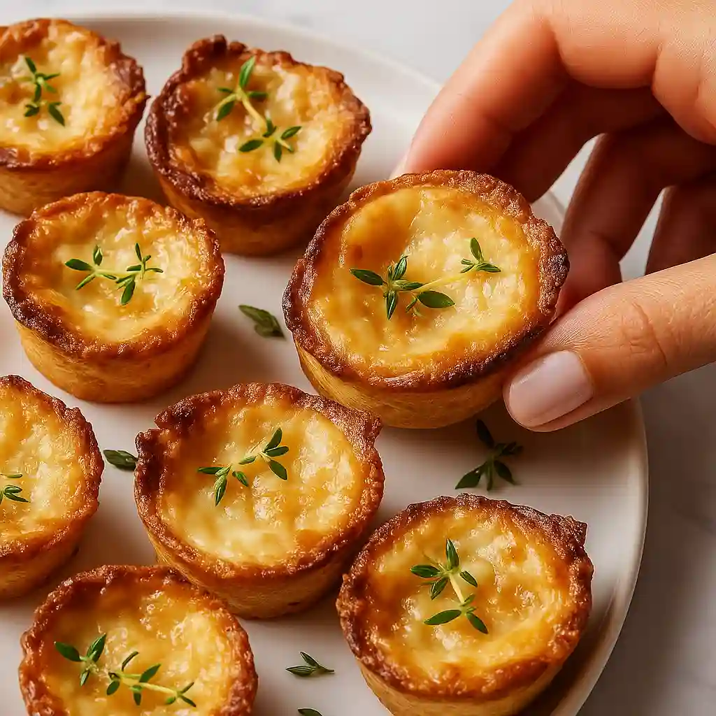 Minimalist French Onion Soup Bites arranged on marble