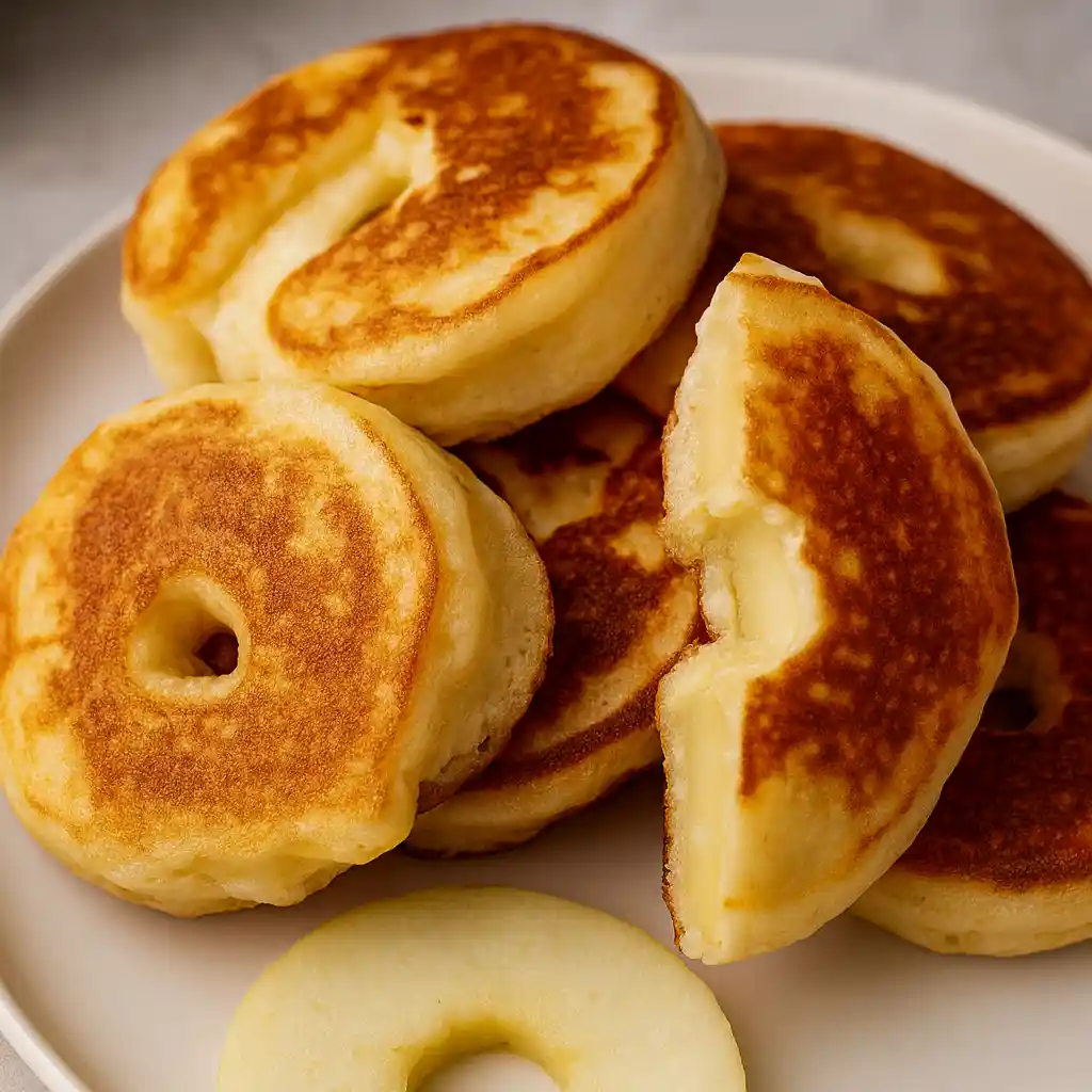 Healthy Apple Pancake Dippers stacked on a white marble plate with warm maple syrup dip