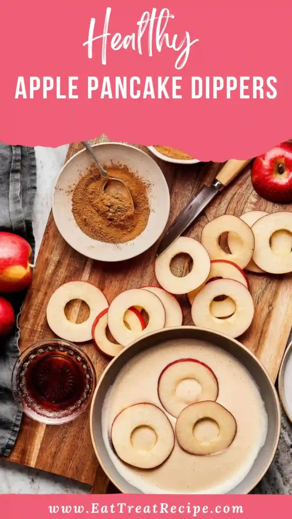 Healthy Apple Pancake Dippers stacked on a white marble plate with warm maple syrup dip