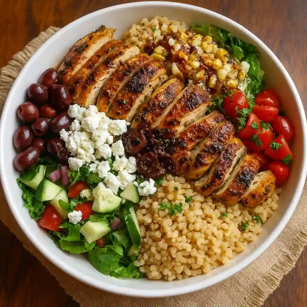 High-Protein Mediterranean Chicken Bowls with grilled chicken and fresh veggies on white marble