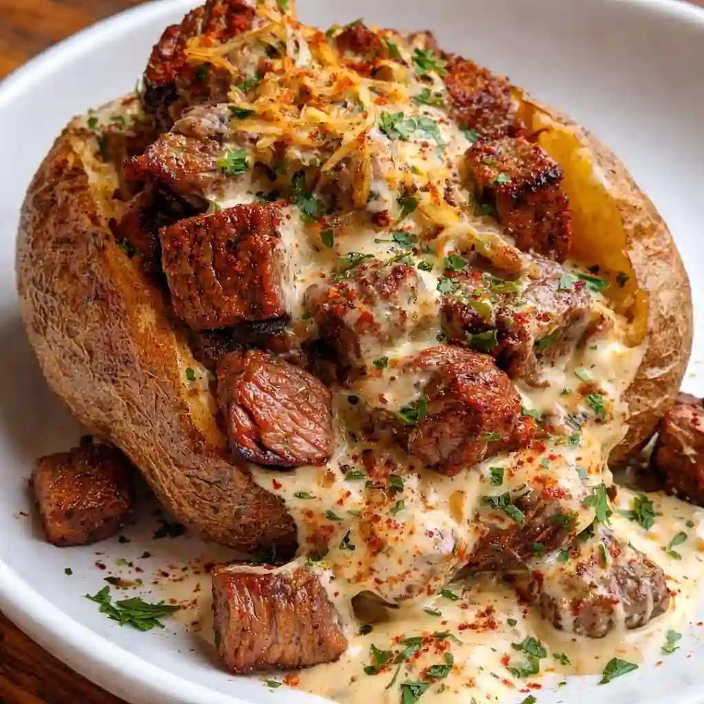 Loaded Steak Potato with sliced steak and clean modern presentation