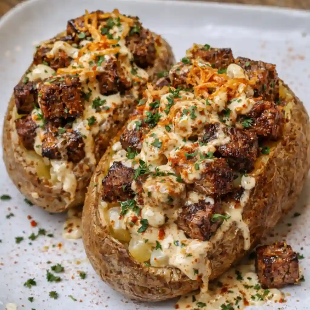Loaded Steak Potato with sliced steak and clean modern presentation