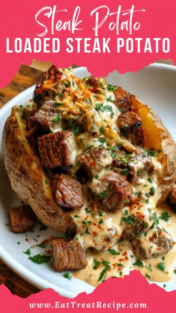 Loaded Steak Potato with sliced steak and clean modern presentation