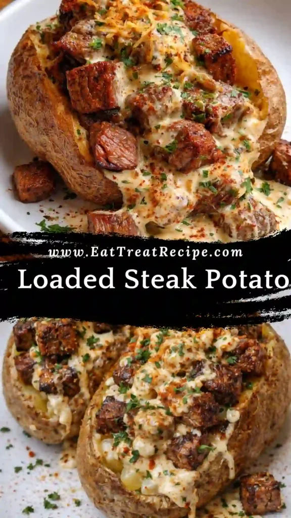 Loaded Steak Potato with sliced steak and clean modern presentation