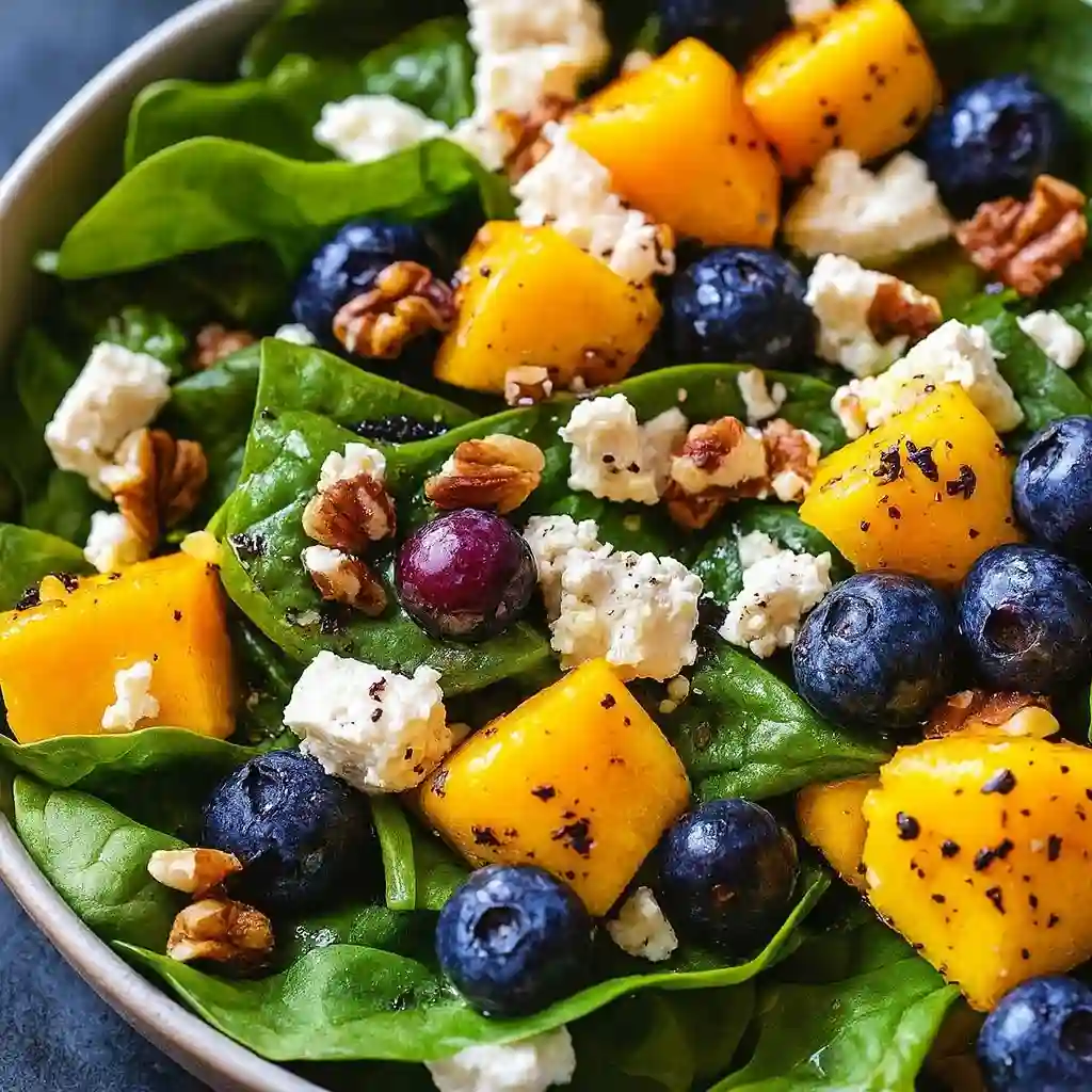 Mango salad with spinach and blueberries served in a modern minimalist bowl