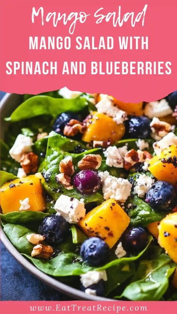 Mango salad with spinach and blueberries served in a modern minimalist bowl