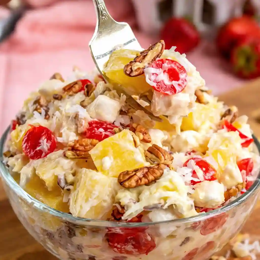 Millionaire cheesecake salad with creamy cheesecake base and fruit modern style