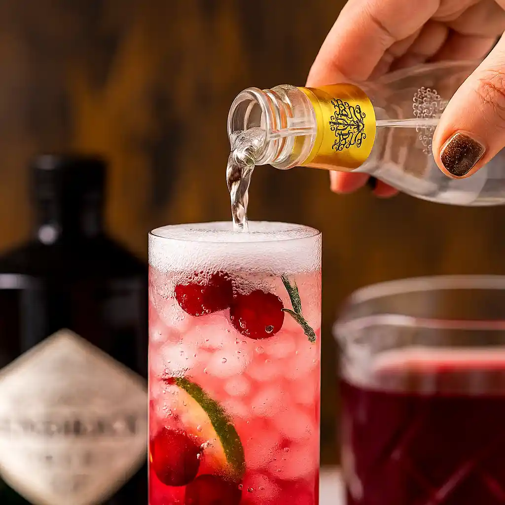 Minimalist Christmas cranberry gin and tonic with rosemary