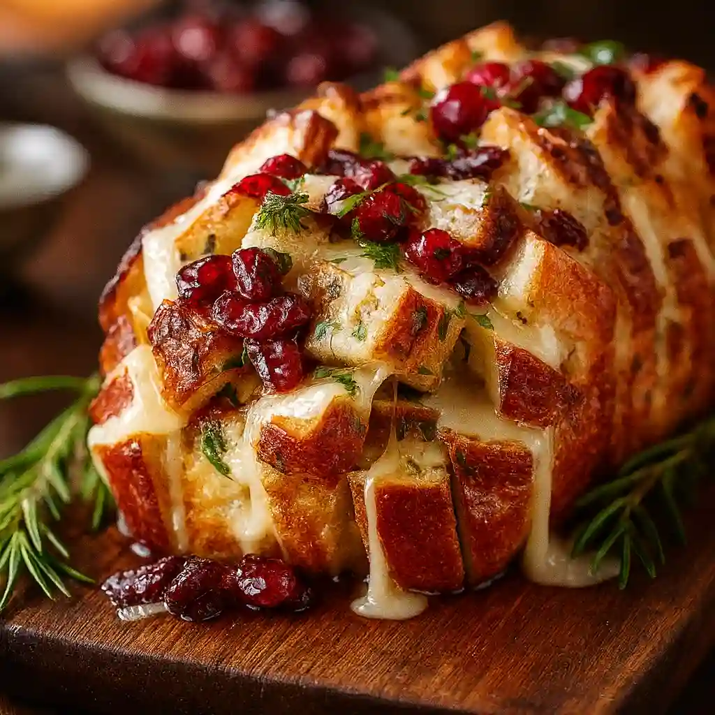 Pull-Apart Bread with Cranberry & Brie on modern minimalist platter
