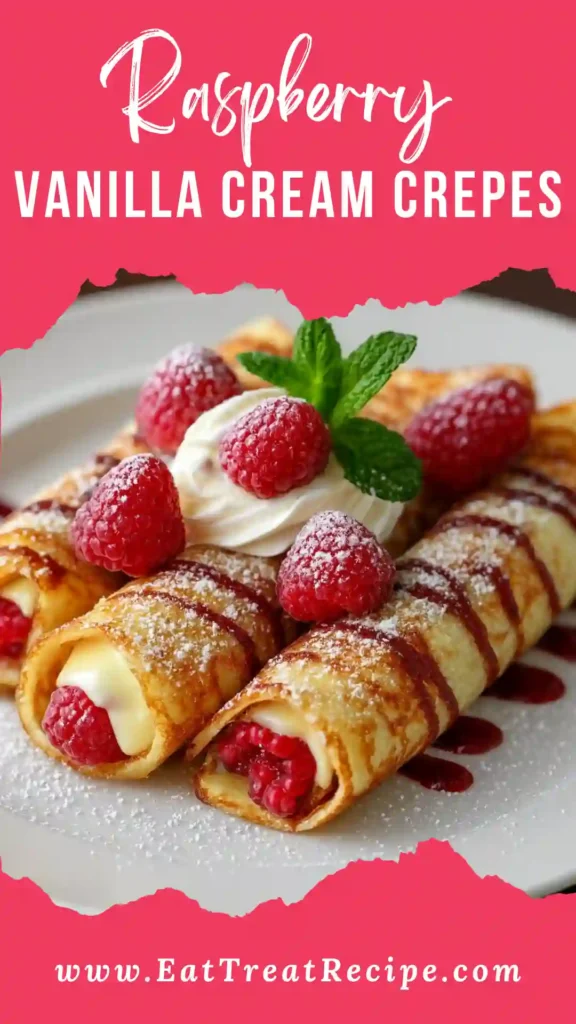 Raspberry Vanilla Cream Crepes with vanilla cream and fresh raspberries