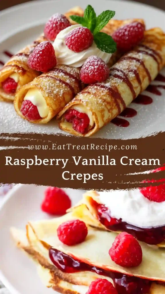 Raspberry Vanilla Cream Crepes with vanilla cream and fresh raspberries