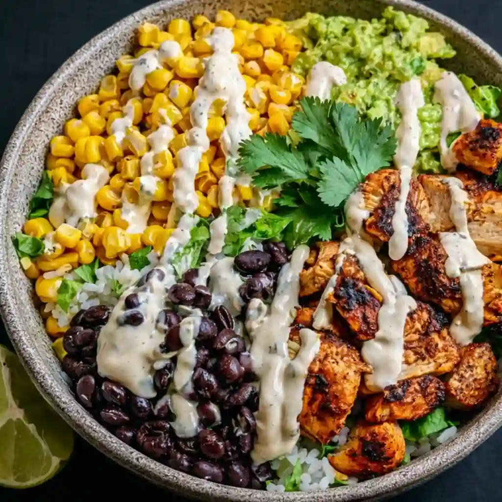 Ultra-sharp hero image of a chipotle chicken bowl made with smoky chicken, black beans, sweet corn, and creamy sauce, styled on white marble with natural light.