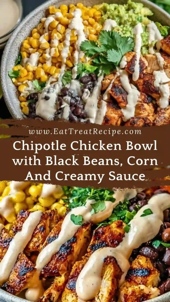 Chipotle chicken bowl with black beans, corn, and creamy sauce on white marble background