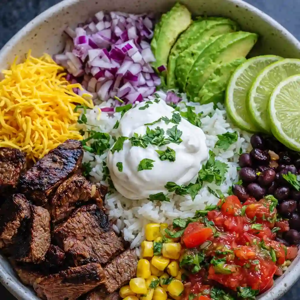 Steak burrito bowl with rice and fresh vegetables served in a modern bowl