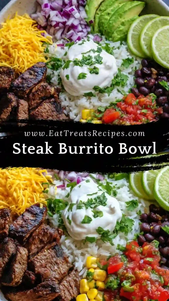 Steak burrito bowl with rice and fresh vegetables served in a modern bowl