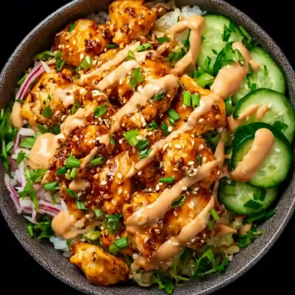Bang bang chicken bowl with spicy mayo, tender chicken, and fresh vegetables on white marble