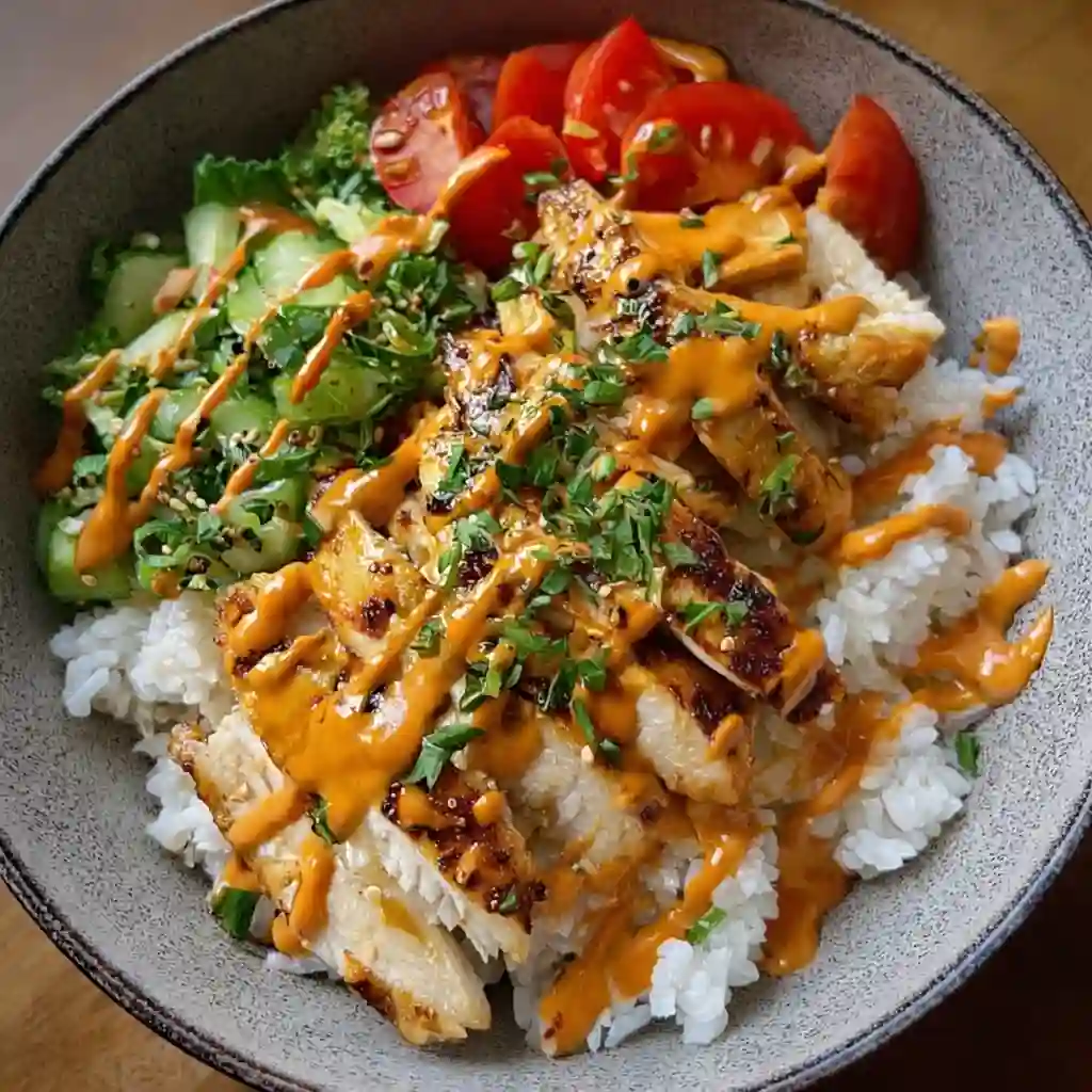 Bang bang chicken bowl with spicy mayo, tender chicken, and fresh vegetables on white marble
