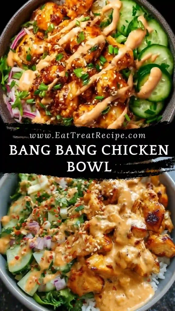 Bang bang chicken bowl with spicy mayo, tender chicken, and fresh vegetables on white marble