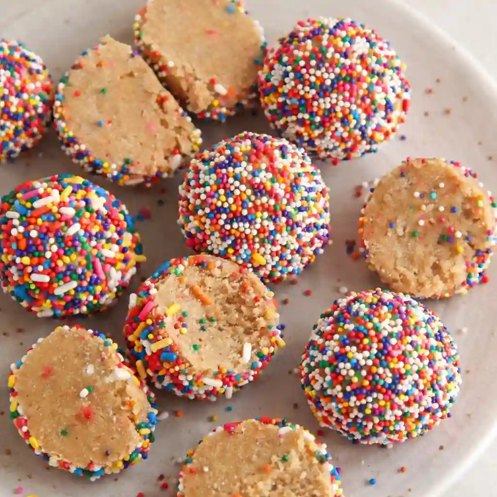 Birthday Cake Batter Protein Balls with a clean minimalist look on white marble background