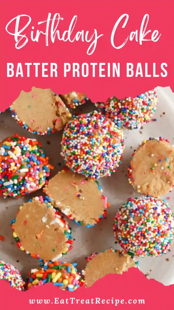 Birthday Cake Batter Protein Balls with a clean minimalist look on white marble background