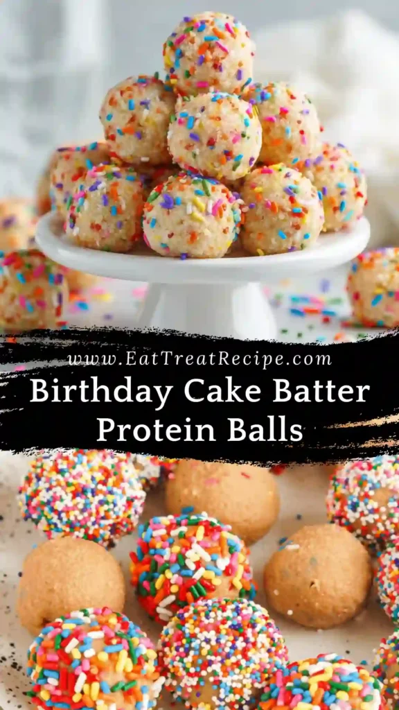 Birthday Cake Batter Protein Balls with a clean minimalist look on white marble background