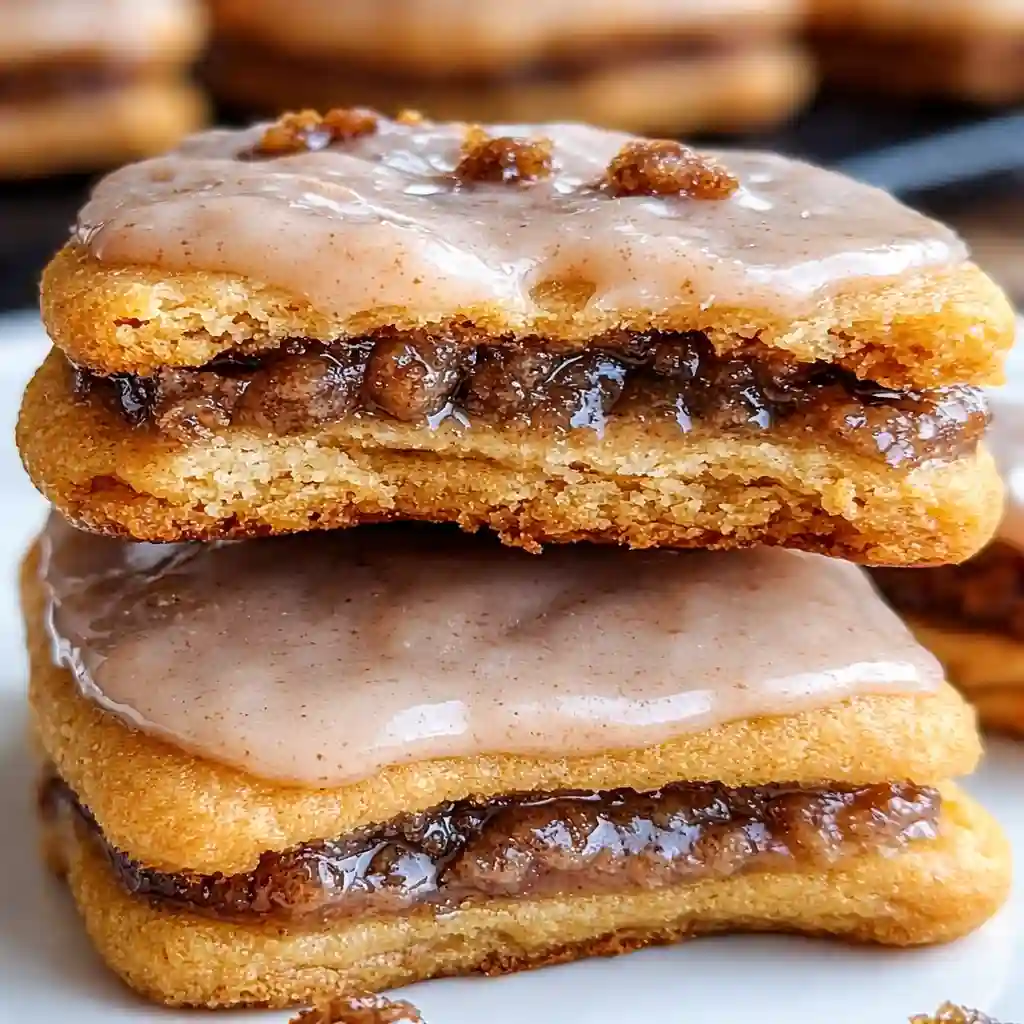 Brown Sugar Pop Tart Cookies with cinnamon filling on white marble background