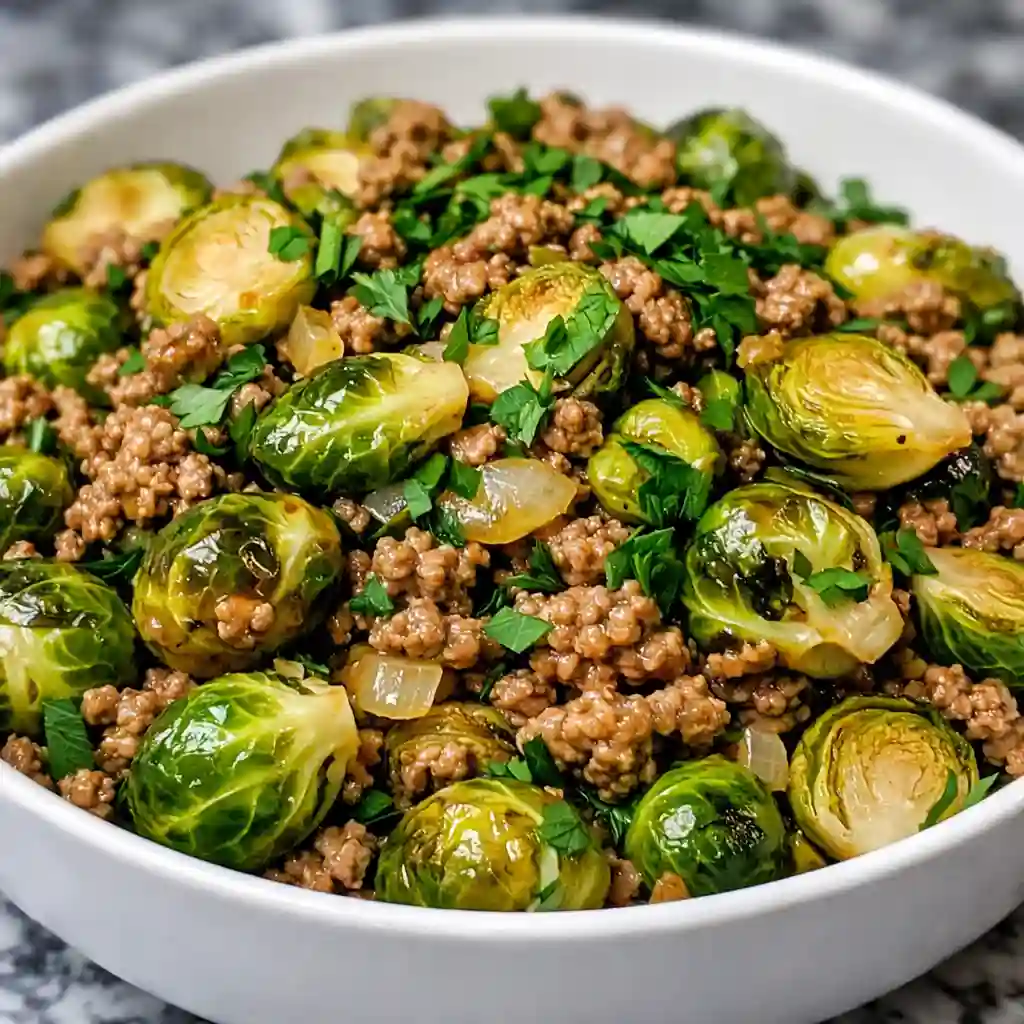 Brussels Sprouts Ground Turkey Skillet served in a clean, modern style on white marble background