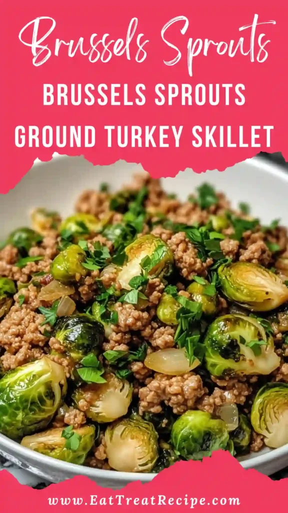 Brussels Sprouts Ground Turkey Skillet served in a clean, modern style on white marble background