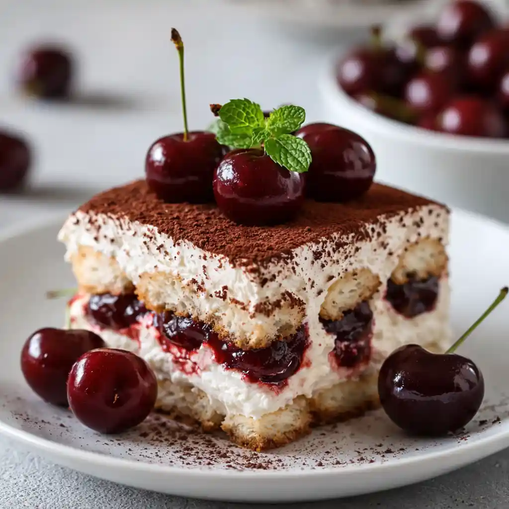 Close-up of Cherry Amaretto Tiramisu showing creamy mascarpone and cherry layers