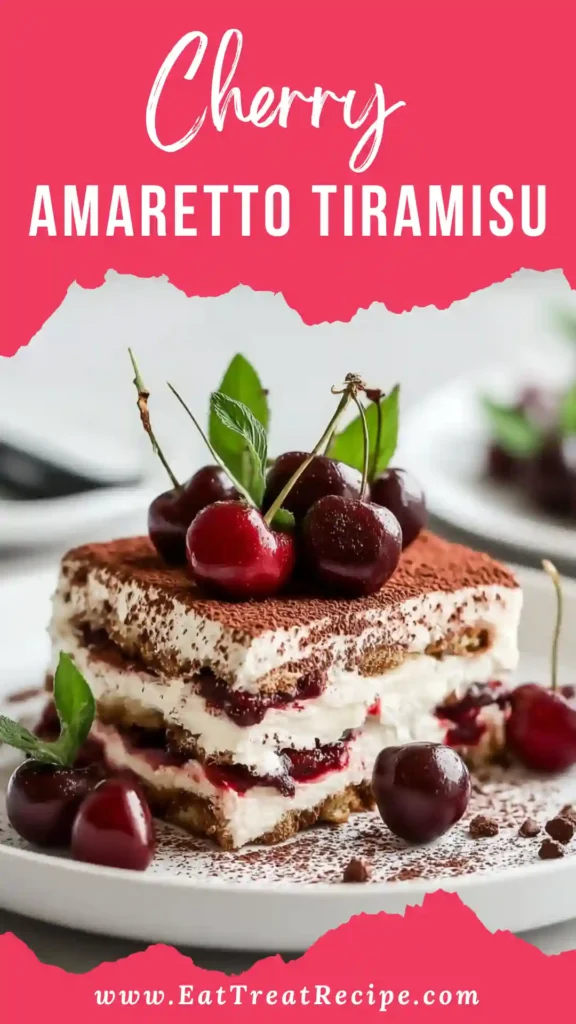 Close-up of Cherry Amaretto Tiramisu showing creamy mascarpone and cherry layers
