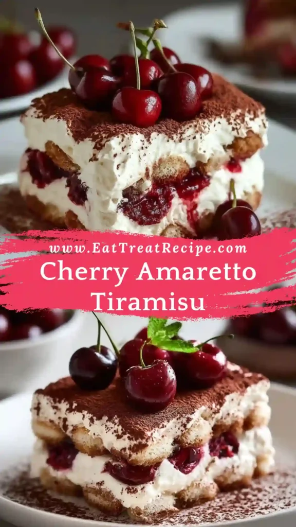 Close-up of Cherry Amaretto Tiramisu showing creamy mascarpone and cherry layers