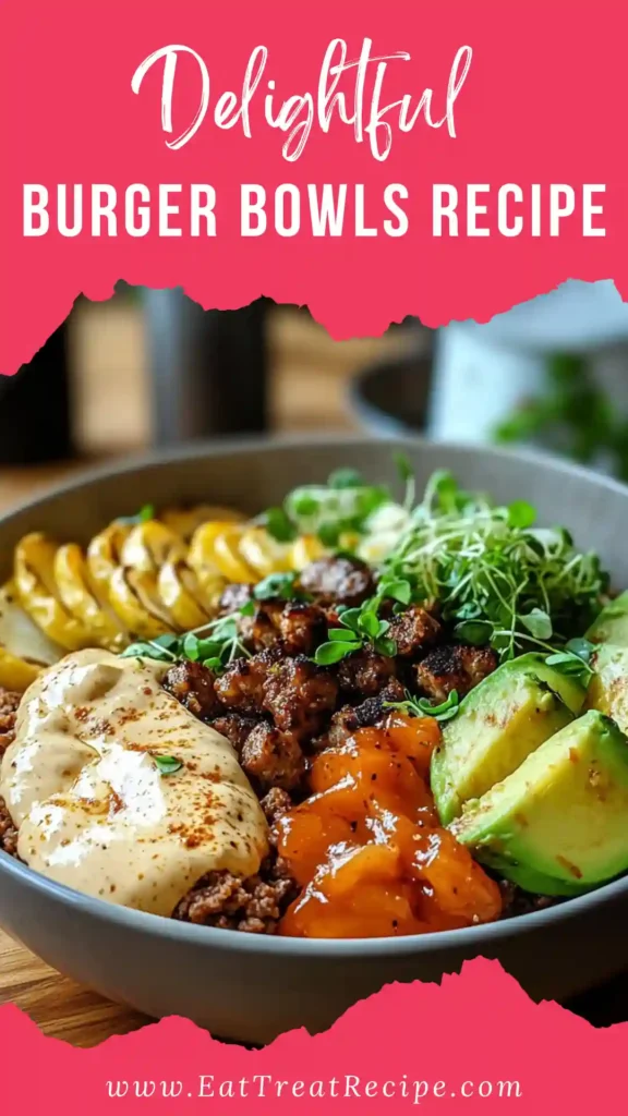 Delightful burger bowls recipe with seasoned ground beef and fresh vegetables