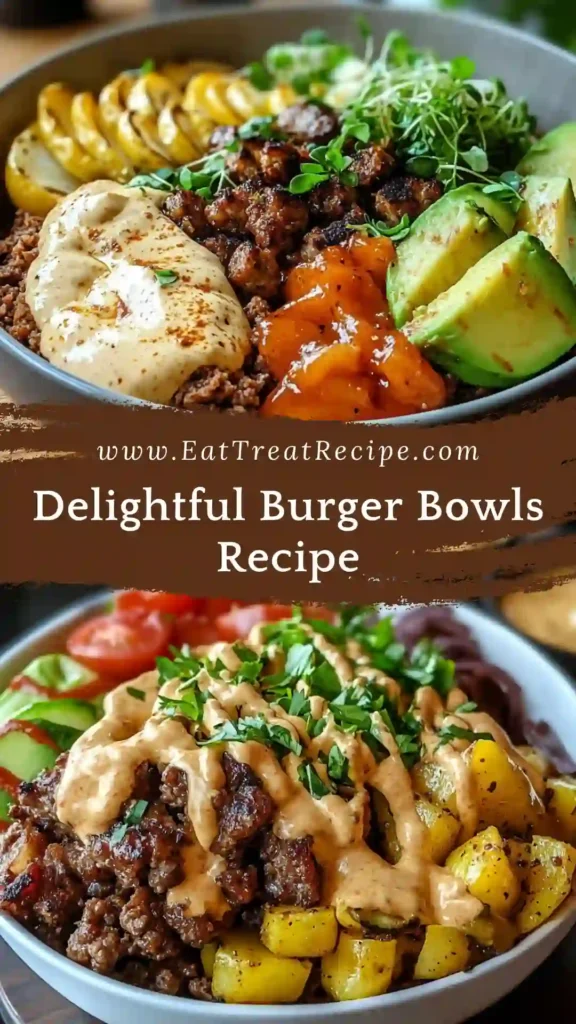 Delightful burger bowls recipe with seasoned ground beef and fresh vegetables